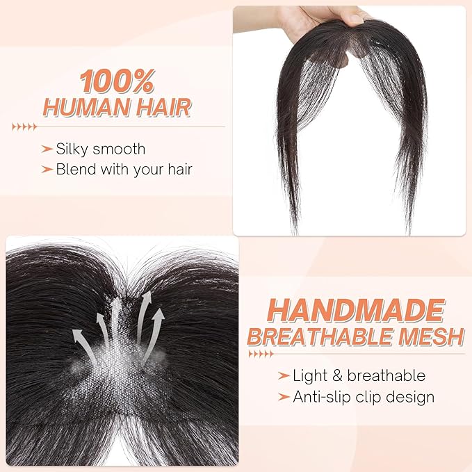 Benehair Clip on Bangs for Women Human Hair, Fake Bangs Clip Human hair, Middle Part Bangs Clip in Hair Extensions Hair Pieces with Temples for Daily Wear (Black)