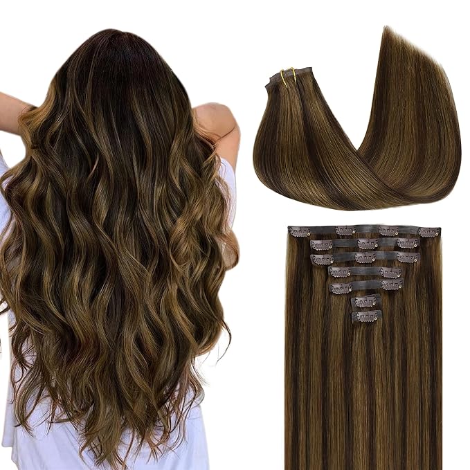 GOO GOO Clip in Hair Extensions Real Human Hair, Remy Human Hair Extensions Clip ins for Women, Natural Human Hair, 24inch 160g 7Pcs, 2C/4E/6C Brown Sugar Swirl Highlights