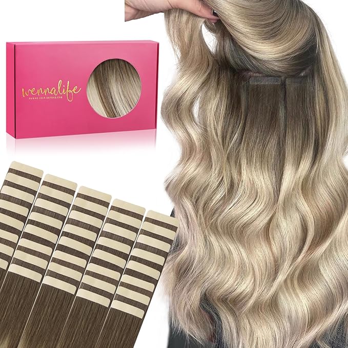 WENNALIFE Tape in Hair Extensions Human Hair, 40pcs 100g 16 inch Ombre Sandy Brown to Platinum Blonde Extensions Real Human Natural Hair Straight Tape in Invisible Human Hair Extensions