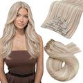 Moresoo Blonde Highlight Clip in Hair Extensions Ash Blonde with Bleach Blond Remy Clip in Human Hair Extensions Straight Double Weft 120g/7pcs 18 inch