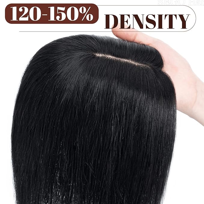 SEGO Real Human Hair Topper for Women, No Bangs Hair Topper with Anti-Slip Clips (6 Inch #1 Jet Black)
