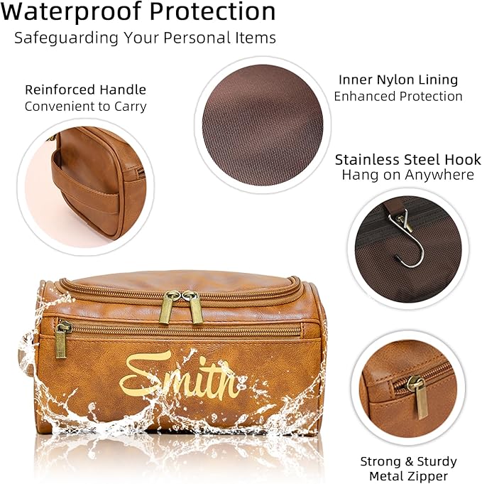 Personalized Toiletry Bag for Men, Engraved Name Initials Toiletry Bag, Customized Monogram Travel Shaving Dopp Kit for Groomsmen, Gift for Christmas, Birthday, Dad, Husband (Light Brown)