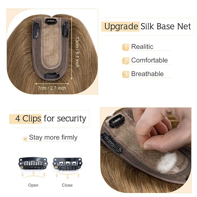 SEGO Human Hair Toppers for Women With Thinning Hair, 7 * 13CM Silk Base 100% Real Human Hair Clip in Top Wiglet Hairpieces -18 Inch No Bangs Light Brown