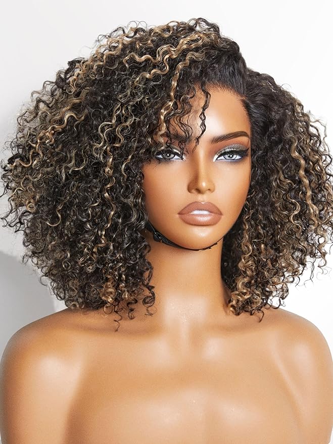 LUVME HAIR 10 Inch Blonde Highlight Short Curly Human Hair Wig Glueless Pre Plucked Left C Parted Ombre Bob Wig, Ready to Go Pre Cut HD Lace Closure Wig