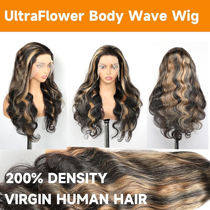 32 Inch Balayage Highlight Ombre Lace Front Wig Human Hair Honey Blonde 13x6 Body Wave HD Lace Front Wigs Human Hair Pre Plucked 200 Density 1b/27 Colored Lace Frontal Glueless Wigs for Women