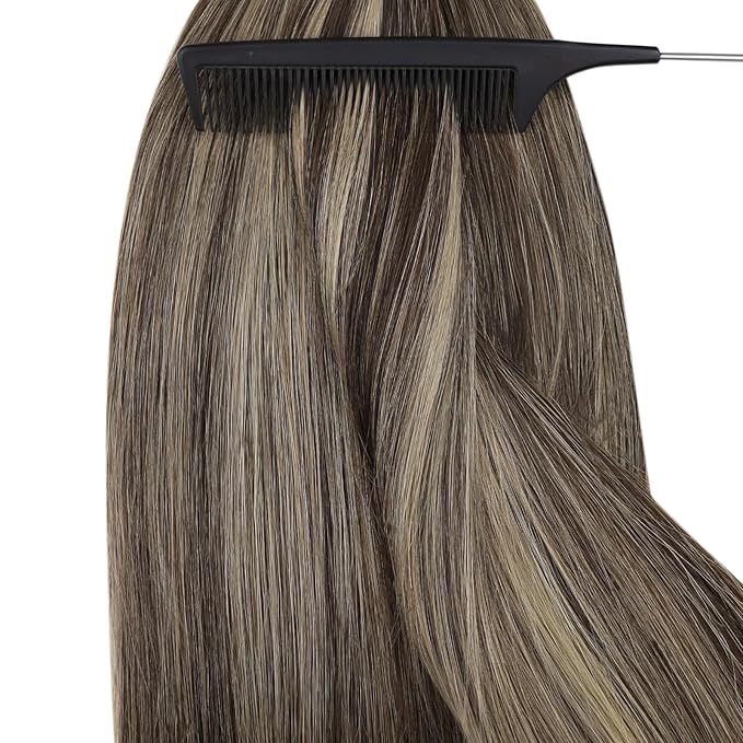YoungSee Nano Ring Hair Extensions Dark Brown Highlights Caramel Blonde Human Hair Extensions Nano Pre Bonded Brown Add Volume for Women Lightweight Cold Fusion 22inch 50s 50g