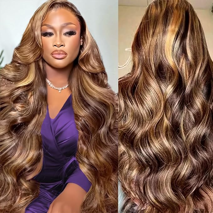 34 Inch Ombre Highlight Wig 220 Density 13x6 HD Lace Front Wigs Human Hair Body Wave Wig Honey Blonde Lace Front Wig Pre Plucked P4/27 Colored for Women Human Hair Wig
