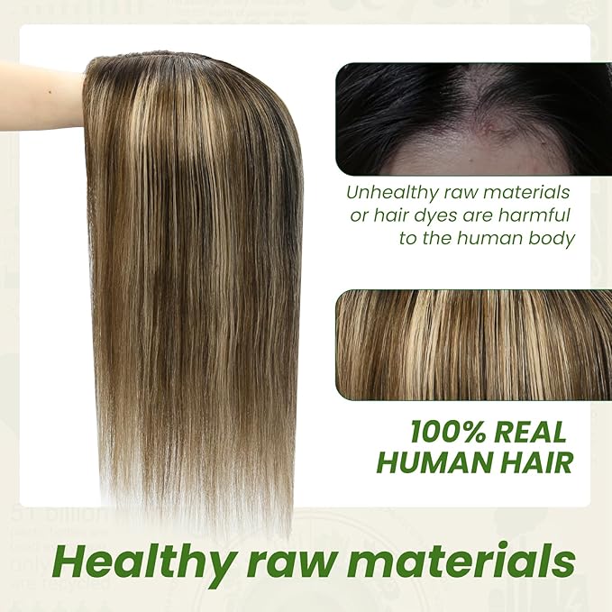 HAIR Toppers for Women Real Human Hair 150 Density 12 inch 55 grams 6x7 inch Natural Black to Chocolate Brown and Caramel Blonde lace Silk Base Clip in Hair Pieces for Women（#1B427 12inch）