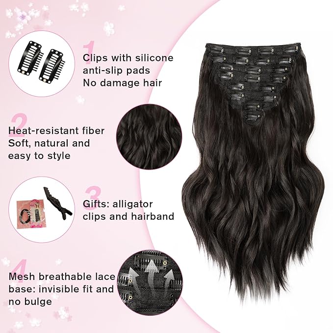 Clip in Hair Extensions, 16 Inch Natural Black Curly Hair Extensions Clip Ins, 8PCS Synthetic Hairpieces for Thinning Hair