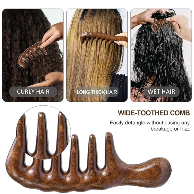 Wooden Wide Tooth Comb for Curls, 2 Pcs Thicken Natural Sandalwood Hair Combs for Women and Men, Detangles Long Thick Wet or Dry Hair, Head Scalp Massager, Anti-static (Golden, Long&Short)