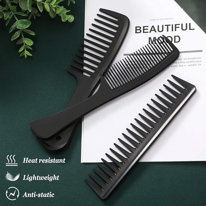 Patelai 3 Pieces Wide Tooth Detangling Hair Comb Styling Set, Carbon Fiber Styling Cutting Comb Anti Static Heat Resistant for Women Curly Straight Long Hair, Black