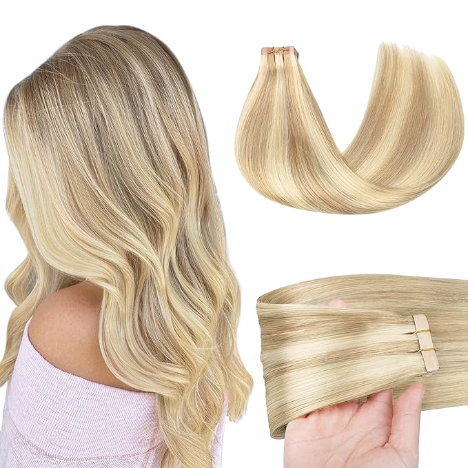 GOO GOO Tape in Hair Extensions Human Hair, 18A/613A Dark Blonde Highlighted Bleach Blonde, 20inch 50g 20pcs, Skin Weft Seamless Invisible, Silky Straight with Thick Ends, Remy Human Hair