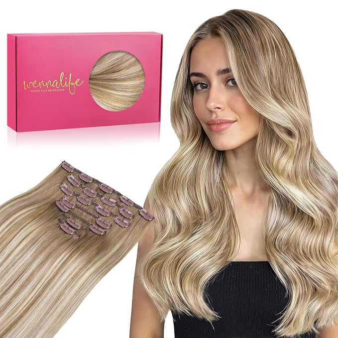 WENNALIFE Clip in Hair Extensions Real Human Hair, 14 Inch 120g 7pcs Balayage Dirty Blonde with Platinum Ends Remy Hair Natural Double Weft
