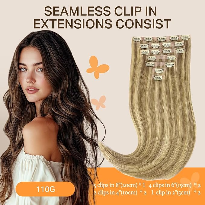 DOORES Hair Extensions Seamless Clip in Real Human Hair, Light Blonde Highlighted Golden Blonde 18 Inch 110g 7pcs, Human Hair Extensions Skin Weft Remy Straight Hair Invisi Edge Hair Extensions