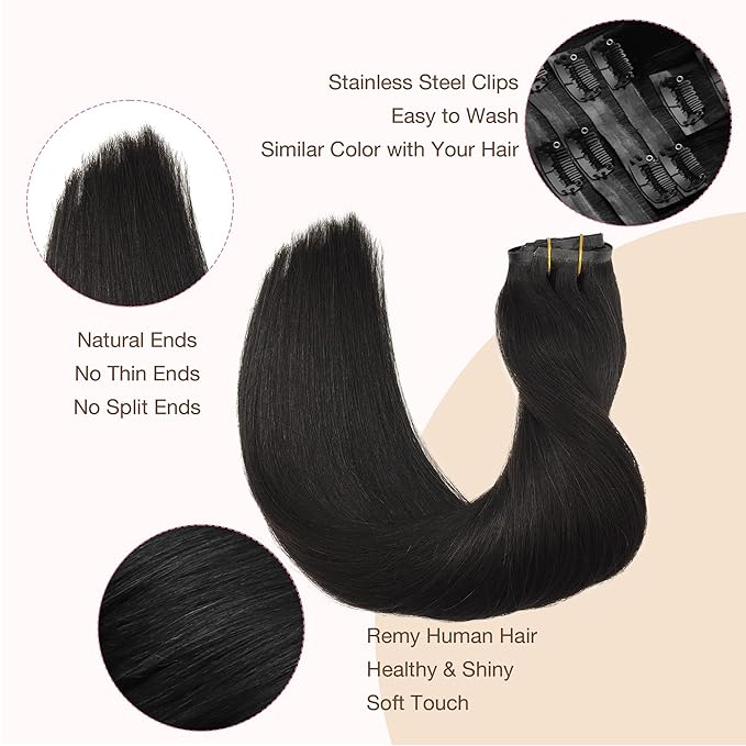 GOO GOO Clip in Hair Extensions Real Human Hair, Remy Human Hair Extensions Clip ins for Women, Natural Human Hair, 20inch 110g 7Pcs, 1B Natural black