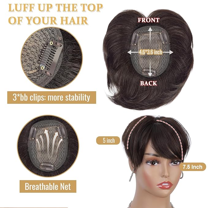 QUEENTAS Brown Short Hair Toppers for Women with Thinning Hair 360°3D Cover with 3 Clips Hair Pieces Wispy Bangs 4.6"*3.6" Coverage(Dark Brown/#2)