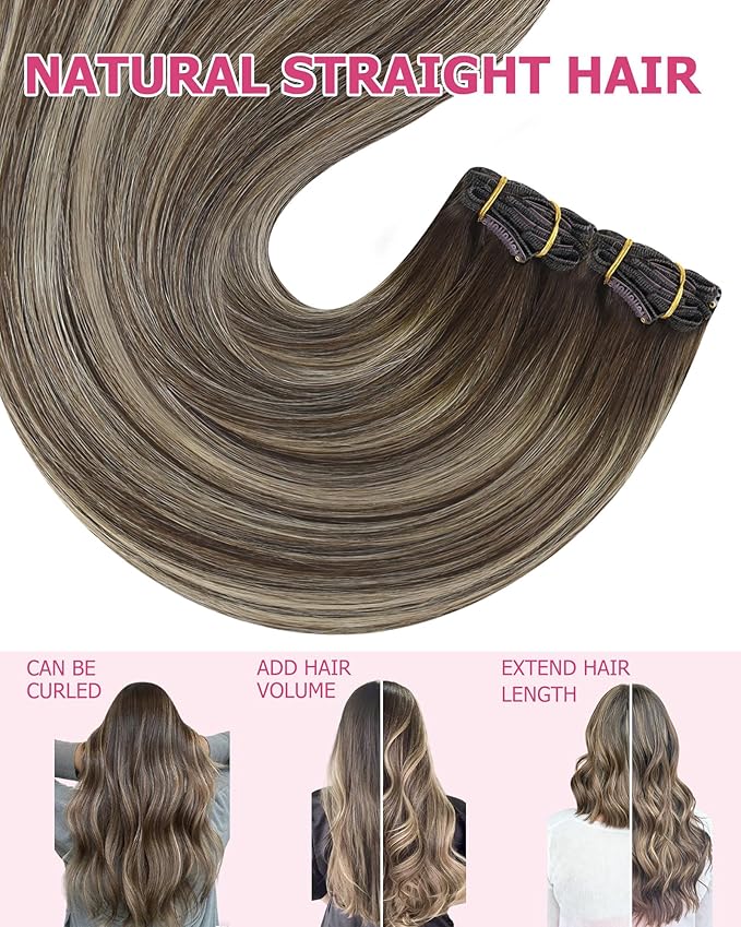 YoungSee 150G Clip in Hair Extensions Real Human Hair Brown Balayage Clip in Human Hair Extensions Chocolate Brown with Ash Blonde Balayage Clip ins Real Hair Extension Easy to Install 22inch 7pcs