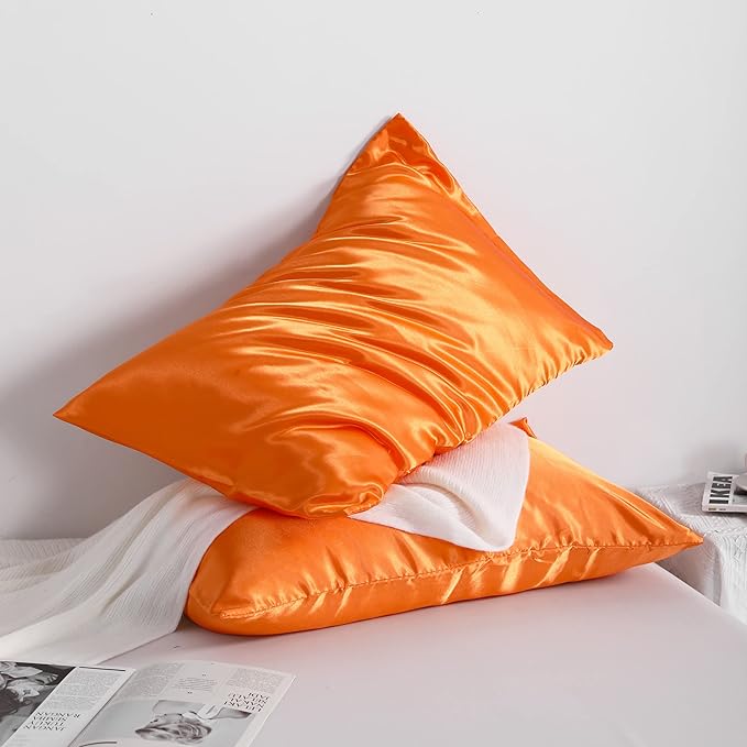 NTBAY 12 Pack Satin Queen Pillowcases for Hair and Skin, Luxurious and Silky Pillow Cases with Envelope Closure, 20 x 30 Inches, Orange