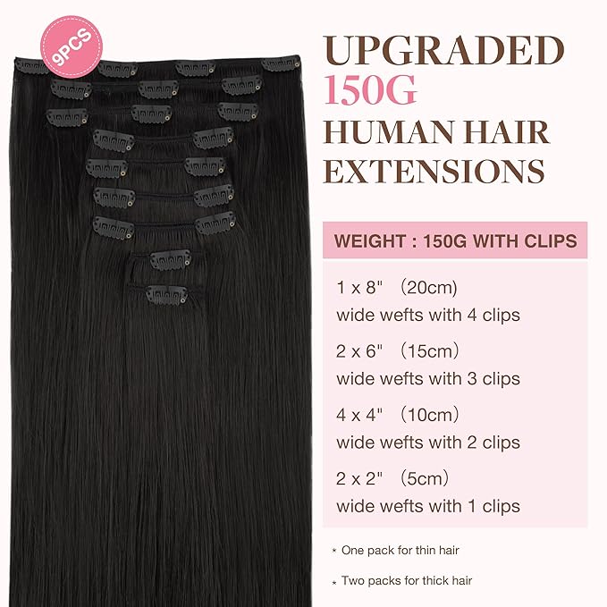 GOO GOO Clip in Hair Extensions Real Human Hair, Remy Human Hair Extensions Clip ins for Women, Natural Human Hair, 14inch 150g 9Pcs, 1B Natural black