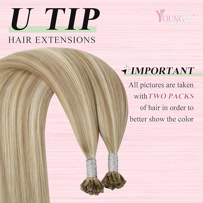 YoungSee U Tip Hair Extensions Human Hair Blonde Highlight U Tips Remy Hair Extensions Blonde Ktips Hair Extension Real Human Hair for Short Hair Keratin Hair Extension for Women 14In 1G/S 50G