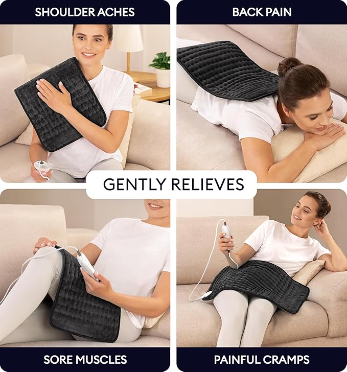 GENIANI XL Electric Heating Pad for Back Pain & Cramps Relief, Electric Throw, Birthday Christmas Gifts for Women, Men Auto Shut Off, Machine Washable, Heat Pad for Neck & Shoulder (12"x24" Jet Black)