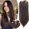 Dark Brown with Caramel Highlights Synthetic Hair Toppers for Women with Thinning 3D 360° Cover Clip in Wispy Bangs Upgraded Adjustable Bandage 24 Inch Long Layered
