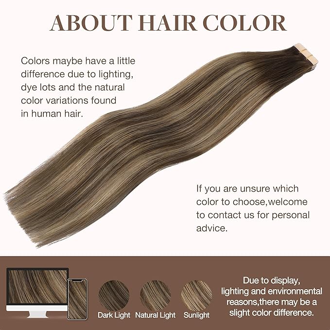 GOO GOO Tape in Hair Extensions Human Hair, 4/27/4 Balayage Chocolate Brown to Caramel Blonde, 18inch 50g 20pcs, Skin Weft Seamless Invisible, Silky Straight with Thick Ends, Remy Human Hair