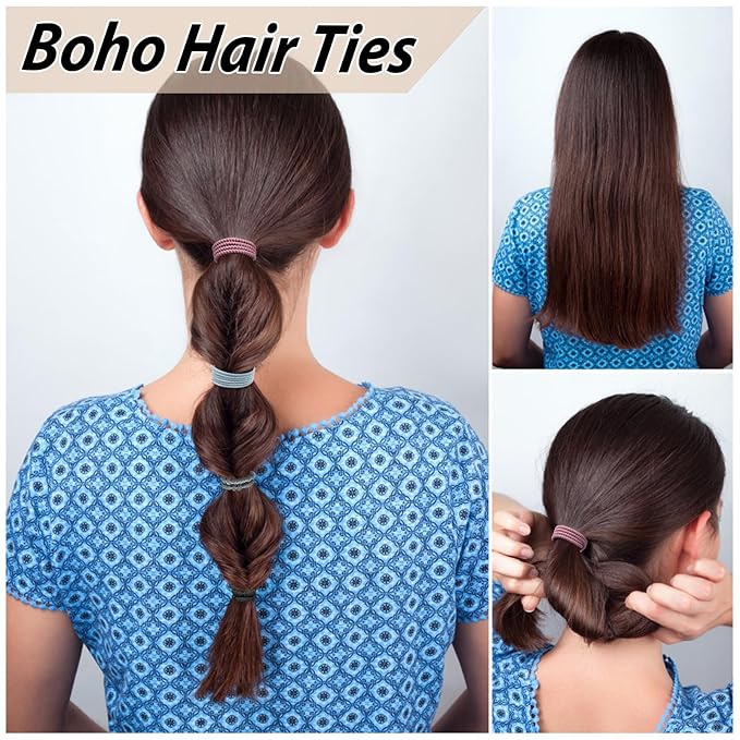 Boho Hair Ties Set, 24 Pcs Hair Tie Bracelet for Girls and Women, Soft Nylon Cotton Hair Ties, Hair Bands for Ponytails, Daily Life, Sport, Cooking, Working