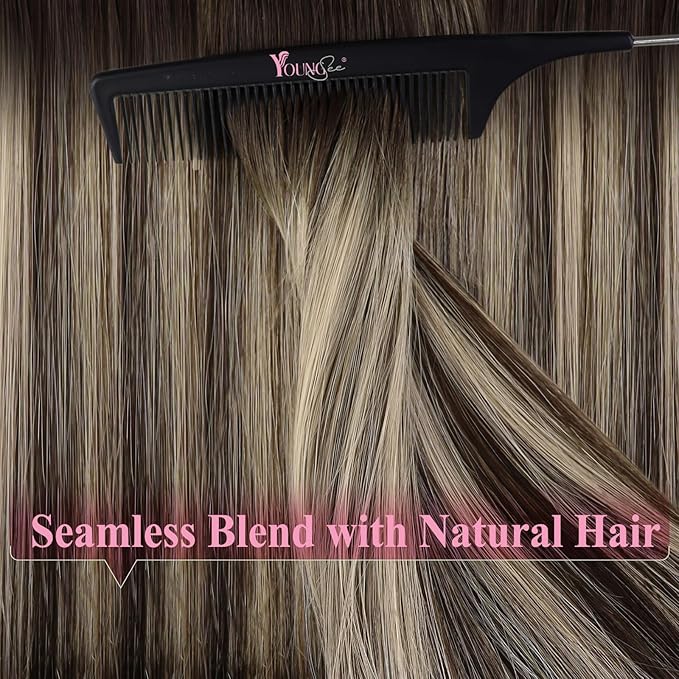 YoungSee Tape in Hair Extensions Human Hair Balayage Tape in Hair Extensions Dark Brown with Ash Blonde Balayage Hair Extension Tape-in Natural-Looking Haifor Girl 16In 20pcs 50g