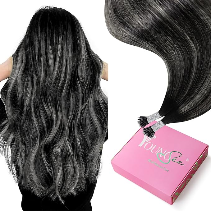 YoungSee Nano Extensions Human Hair Black Ombre Nano Ring Hair Extensions Balayage Black to Silver Nano Loop Hair Extension Silver Nano-Link Extension Cold Fusion 1g/s 50g 16inch