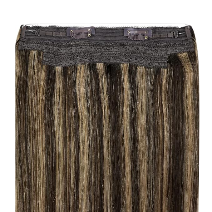 YoungSee 120G Wire Hair Extensions Highlight Invisible Wire Hair Extensions Real Human Hair Dark Brown Highlight Blonde Human Hair Headband Extensions Easy to Wear 18inch