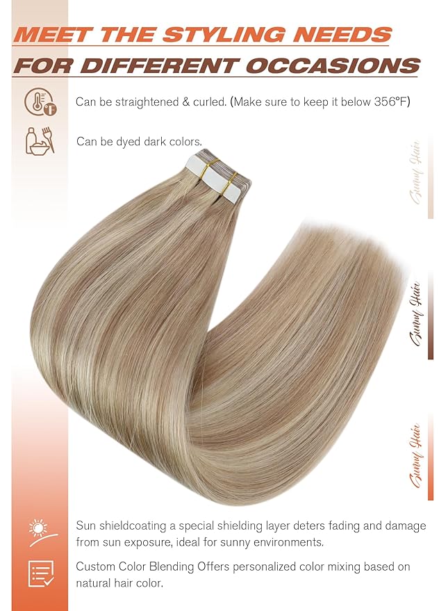 Sunny Hair Tape in Hair Extensions Real Human Hair Invisible Remy Hair Extensions Tape ins for Women Ash Blonde Highlight Bleach Blonde with Pink Hue 14 inch 40pcs 100g