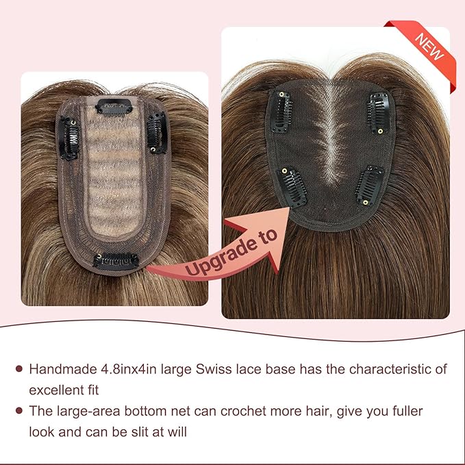 YAMI Hair Toppers for Women with Thinning hair 100% Real Human Hair Toppers 40g Human Hair Toppers for Women Clip In Hair Topper Swiss Base 12inch Medium Brown with Highlight