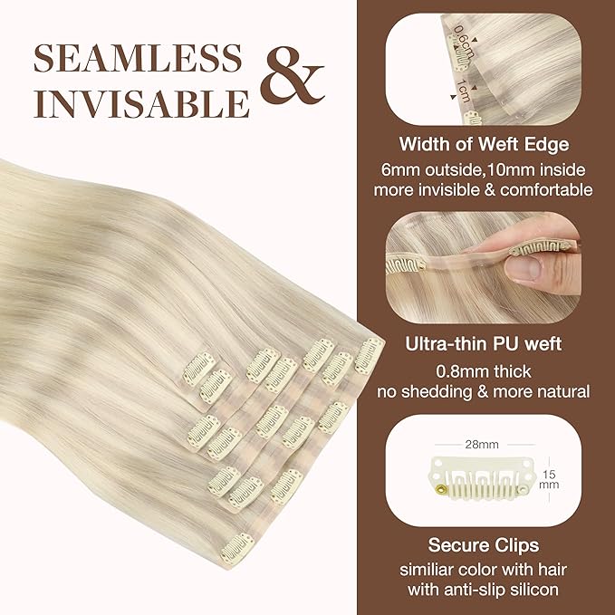 GOO GOO Clip in Hair Extensions Real Human Hair, Remy Human Hair Extensions Clip ins for Women, Natural Human Hair, 16inch 130g 7Pcs, 17/22/60 Balayage Ash Blonde to Platinum Blonde