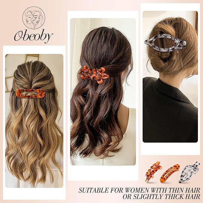 Obeoby 6 Pcs Flat Hair Clips for Women, 3 Types French Flat Claw Clips Hair Accessories Barrettes Large Medium Stocking Stuffers Christmas Gifts (Tortoiseshell)
