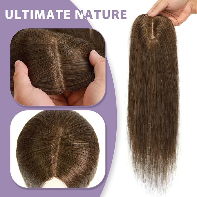 3x5 Inch Injected Silk Base Hair Toppers for Women, 16 Inch Length 130% Density Real Human Hair Pieces #2A Brown