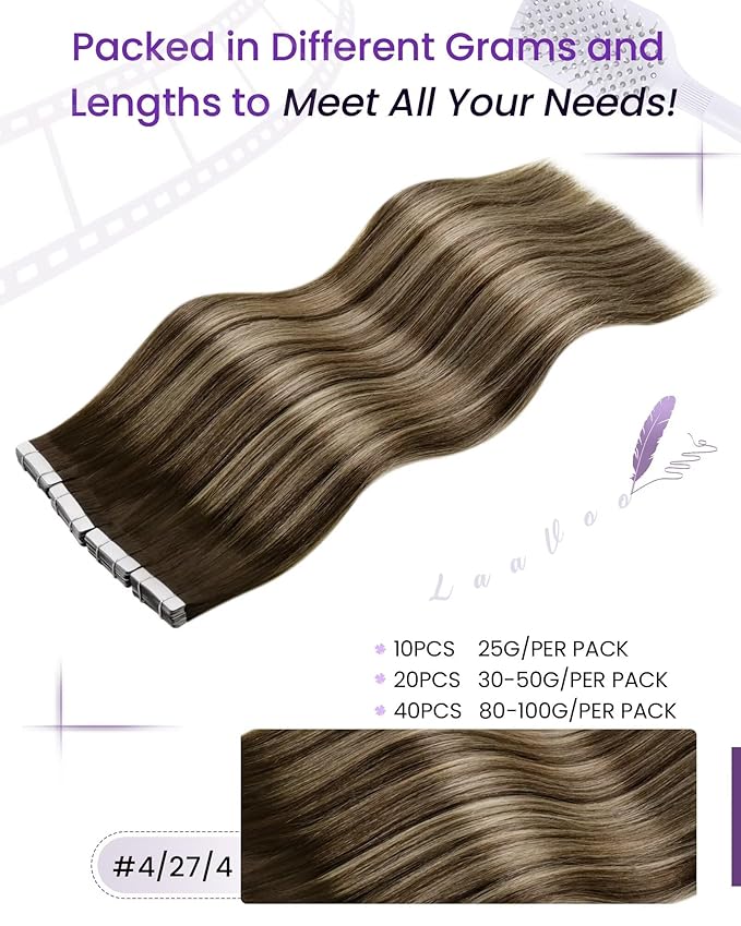 LaaVoo Human Hair Tape in Extensions Balayage Tape in Hair Extensions Human Hair Ombre Brown to Caramel Blonde with Brown 22 Inch 20pcs 50g