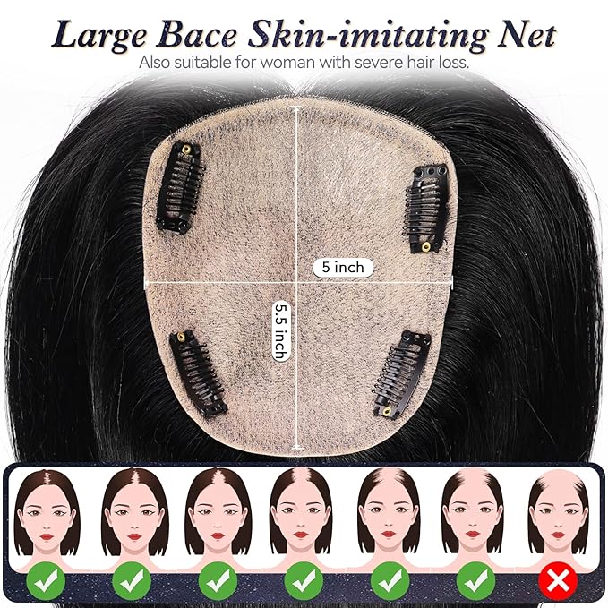 starluck Hair Toppers for Women Real Human Hair, 5"*5.5"Large Coverage Natural Black HairTopper No Bangs,100% Real Human Hair Toppers for Women with ThinningHair,Cover Gray Hair Roots