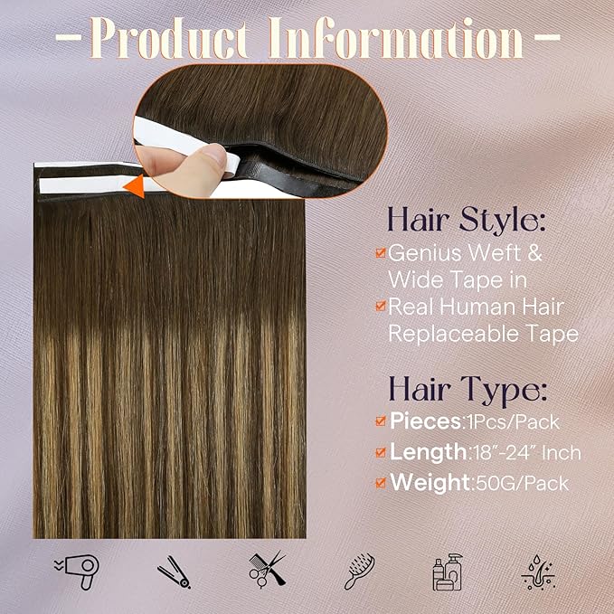 Full Shine Wide Tape Long Weft Tape in Hair Extensions Color 4/24/4 Balayage Genius Weft Tape in Extensions Human Hair 20Inch 50G Seamless Double Weft One Piece Natural Travel Friendly Styling