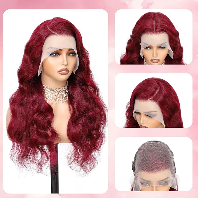 22 Inch 99j Burgundy Lace Front Wigs Human Hair 13x6 HD Transparent Burgundy Wig Human Hair 200 Density Pre Plucked Glueless Frontal Wigs Human Hair for Black Women