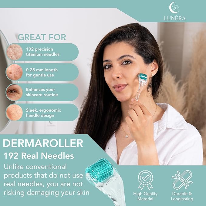 Premium Derma Roller for Face, Beard, Scalp & Body – 0.25mm Microneedle Tool for Men & Women – 192 Titanium Needles with Ergonomic Handle & Storage Case
