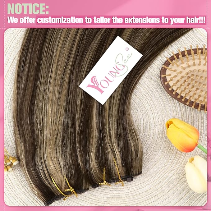 YoungSee Wire Hair Extensions Highlight Wire Human Hair Extensions Dark Brown Highlights Caramel Blonde One Piece Hair Extension Short Straight Hair 12inch 70g