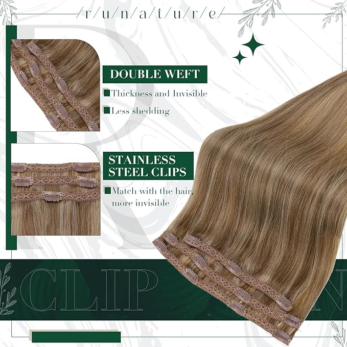RUNATURE Blonde Human Hair Clip-in Extensions 20 Inch Real Human Hair Dark Blonde Highlight Hair Extensions Remy Hair Extensions Double Weft Full Ends 50g 3pcs