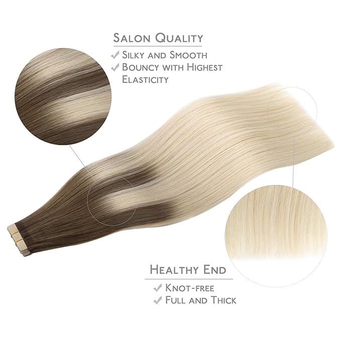 WENNALIFE Tape in Hair Extensions Human Hair, 20pcs 50g 14 inch Sandy Brown to Platinum Blonde Remy Hair Extensions Straight Human Hair Tape in Extensions Skin Weft Tape Extensions Human Hair