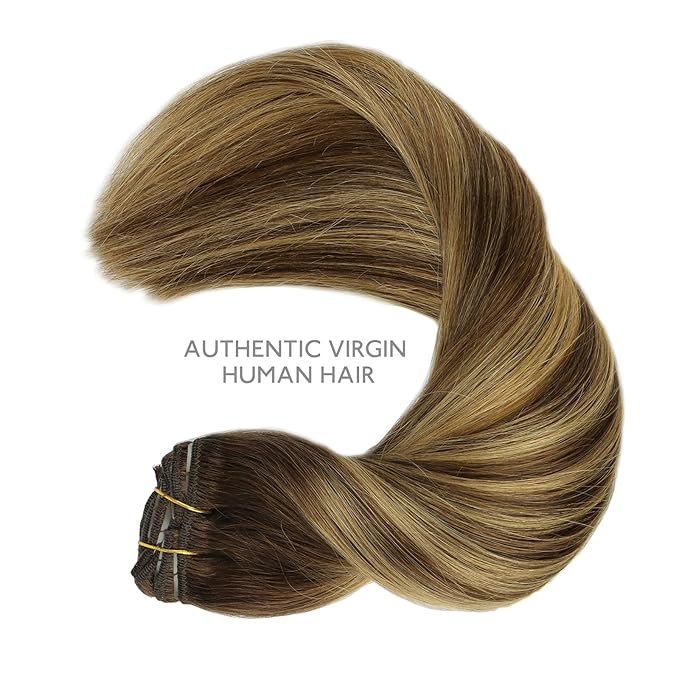 WENNALIFE Clip in Hair Extensions, 150g 22 Inch 9pcs Balayage Chocolate Brown to Caramel Blonde Human Hair Extensions Thicker Clip in Hair Extensions Real Human Hair Clip Set Double Weft