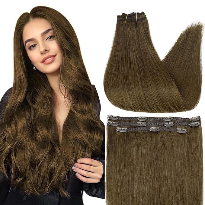 Full Shine Human Hair Clip in Extensions Brown Clip in Hair Extensions Medium Brown for Short Invisible Human Hair for Women Softness 10 Inch 60 G 3 PCS