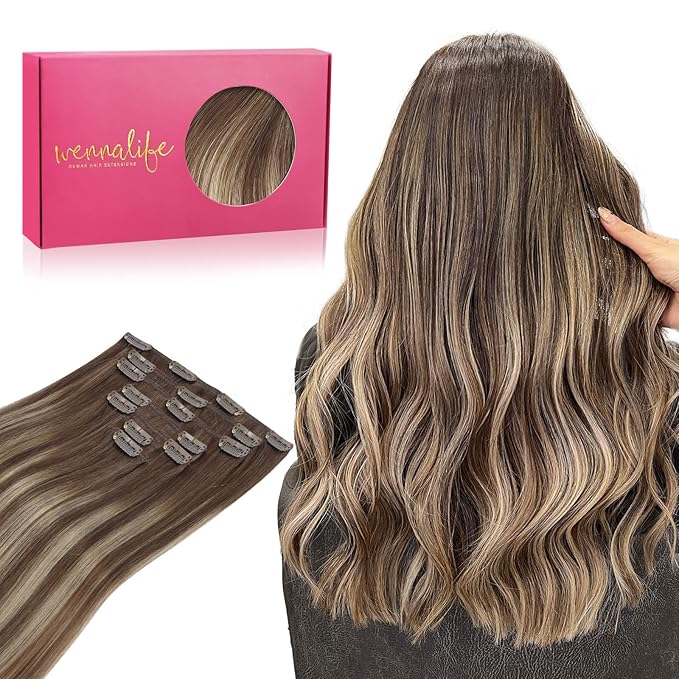 WENNALIFE Clip in Hair Extensions Real Human Hair, 22 Inch 120g 7pcs Balayage Chocolate Brown to Honey Blonde Hair Extensions Clip in Human Hair Remy Clip in Hair Extensions Real Human Hair