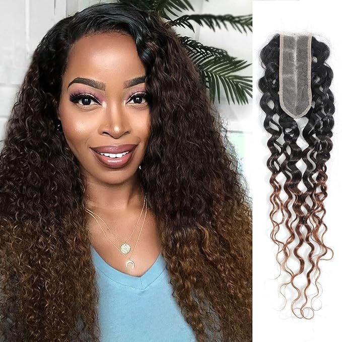 T1B/2/30 Ombre Water Wave Closure 2x6 100% Real Human Hair 20 Inch Chestnut Brown Ombre Water Wave Transparent Lace Closure