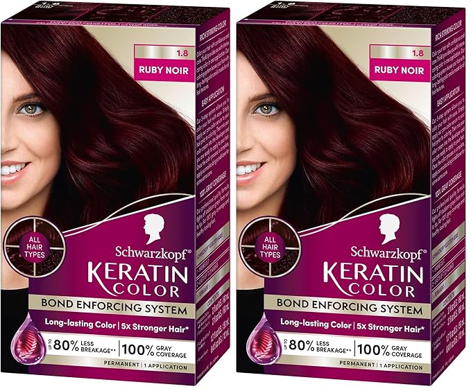 Schwarzkopf Keratin Color Permanent Hair Color, 1.8 Ruby Noir, 1 Application - Professionally Inspired Permanent Hair Dye, for up to 80% Less Breakage vs Untreated Hair and up to 100% Gray Coverage