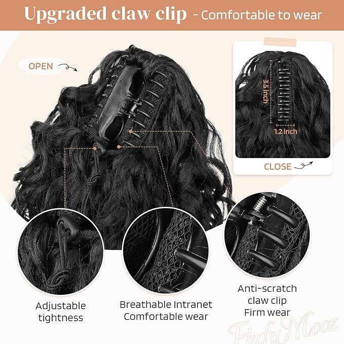 Flufymooz 100％ Pure Protein Ponytail Extension, 18 Inch Curly Claw Clip Ponytail Hair Extensions Natural Soft pony tail hairpiece for women-Natural Black